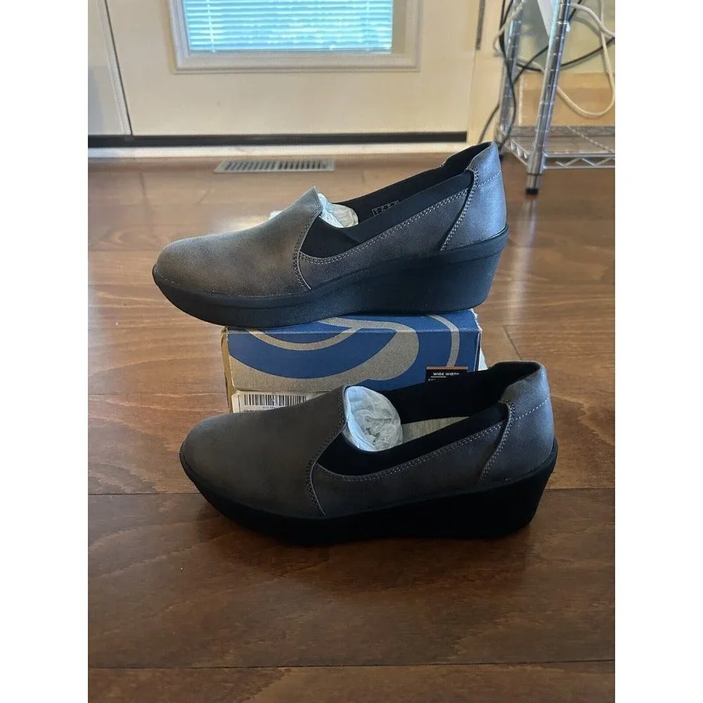 Clarks Women's Step Rose Moon Platform Gray & Black Wedge Shoes‎ NEW 6.5 W